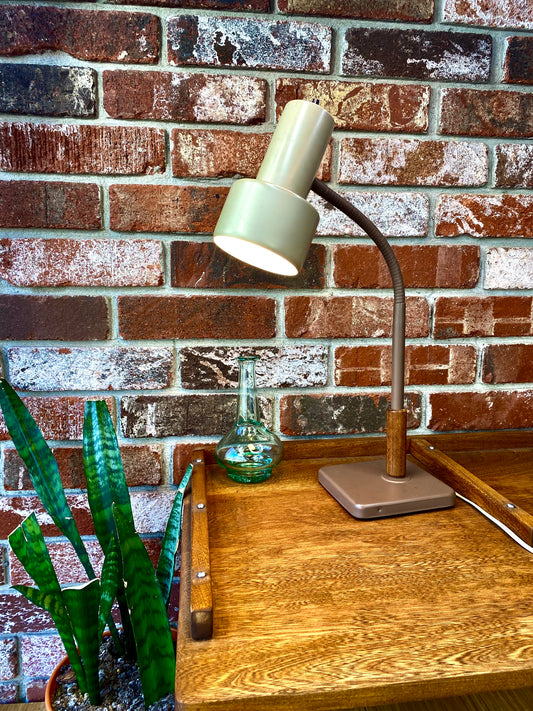 Vintage '70s Desk Lamp Beige Tan Wood Accent Adjustable Neck